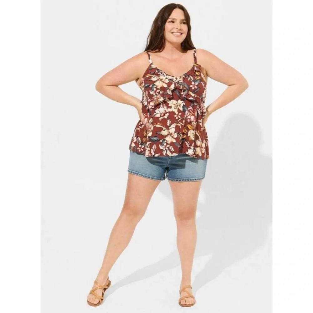 Torrid Rayon Slub Ruffle V-Neck Cami Brick Floral Size 4 - Picture 2 of 6